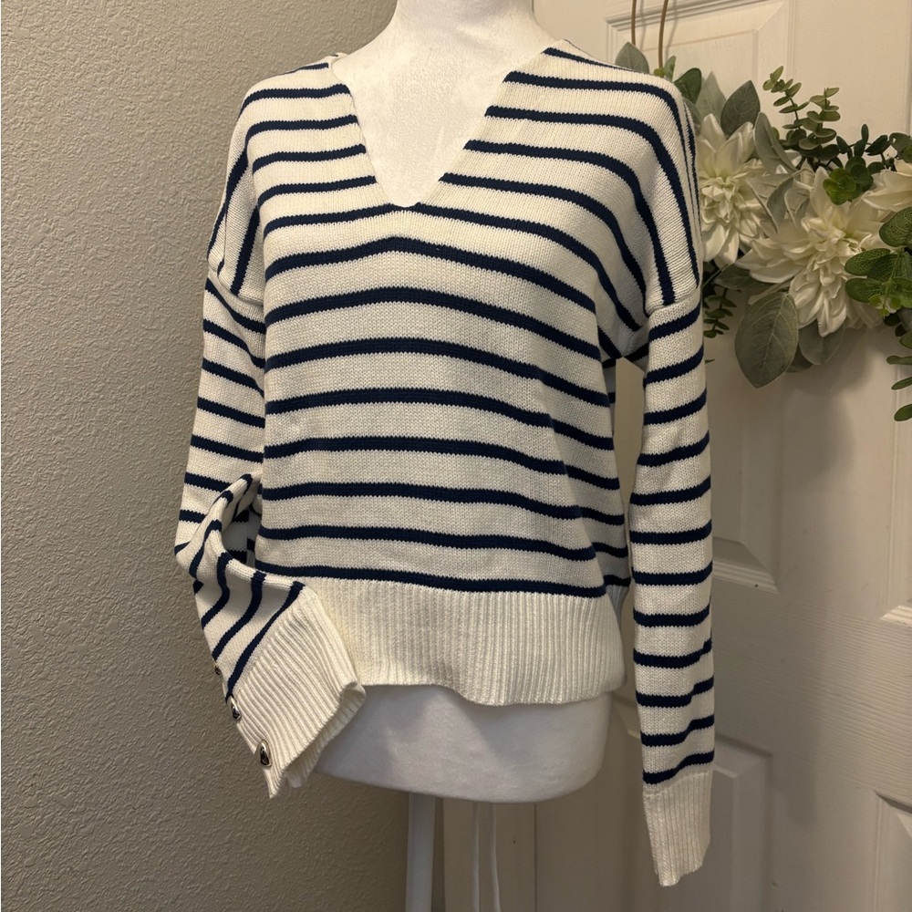 Kerry Rosenthal Navy and White Striped V-Neck Sweater